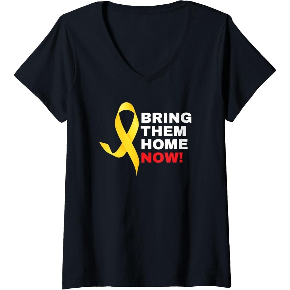 Bring them Home Now Yellow Ribbon Israel  Womens  medium V-Neck T-Shirt Black